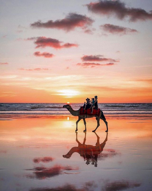 woman with her son and daughter riding camel at the shore during sunset