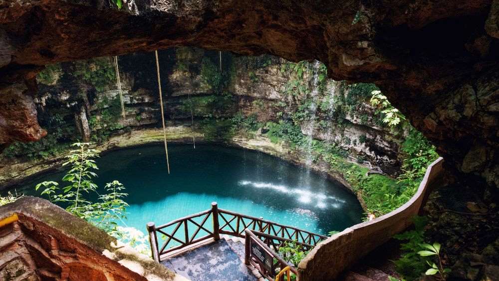 image wooden staircase going down the cenotes with clear water