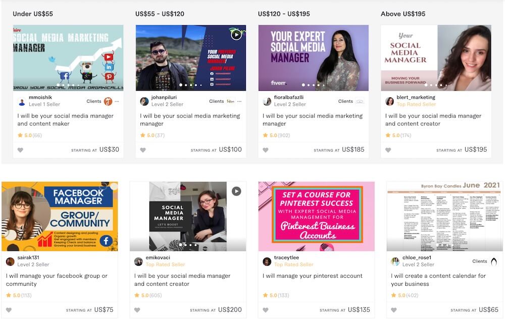 Screenshot of social media manager with their rates