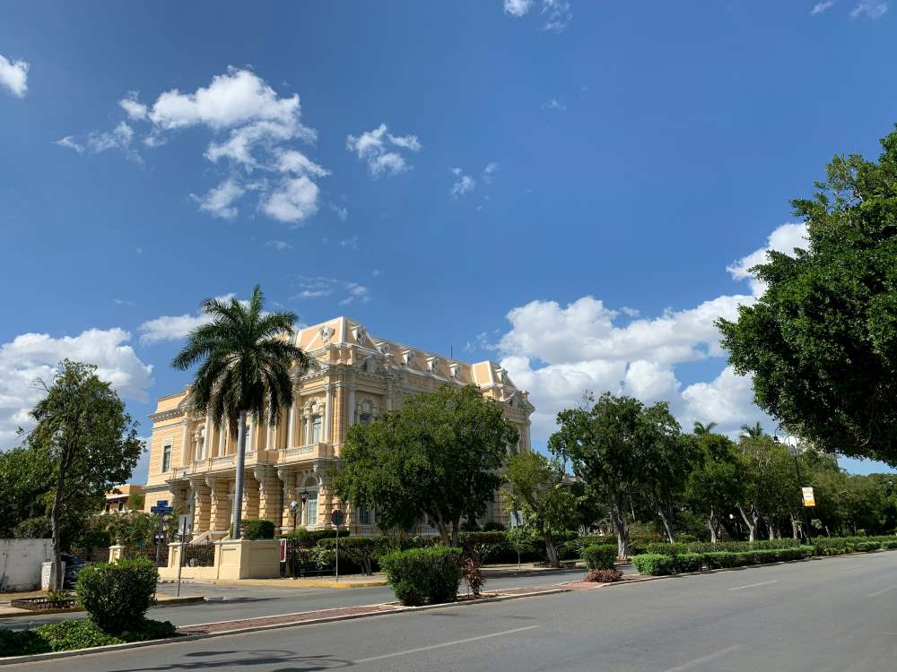 mansion with European architecture  beside the street surrounded by green trees