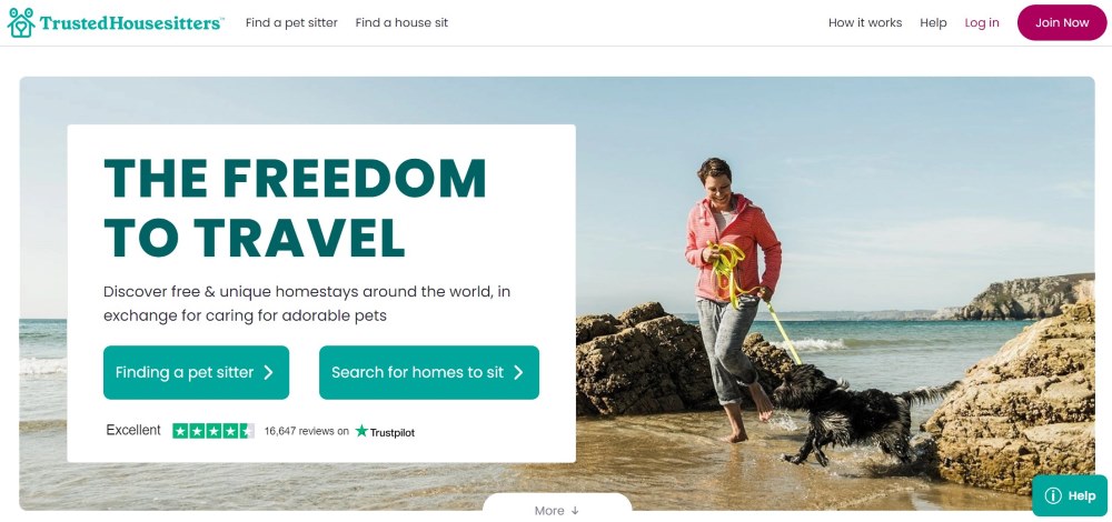 screenshot of trustedhousesitters landing page - Fun Side Hustles for 50+ Nomadic Adventurers