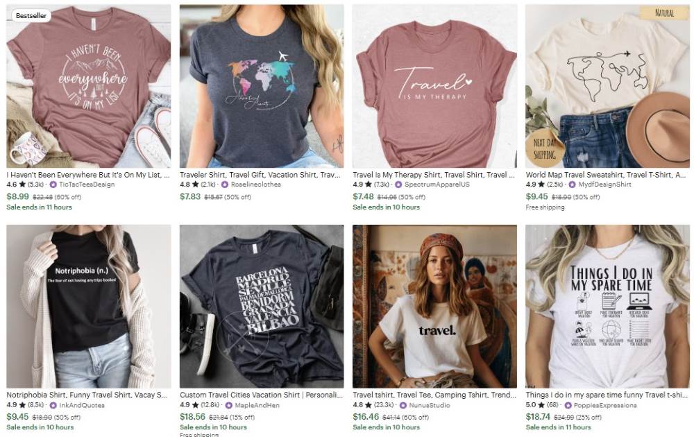 screenshot of tshirt prints travel inspired - Fun Side Hustles for 50+ Nomadic Adventurers
