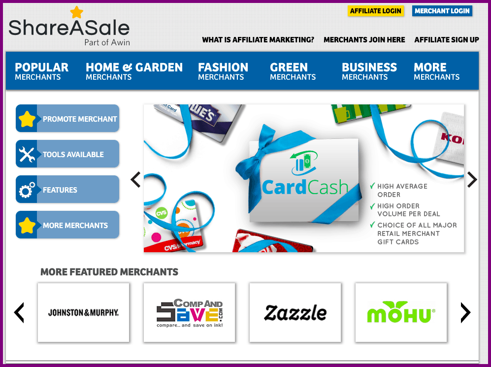 screenshot of shareasale affiliate marketplace website